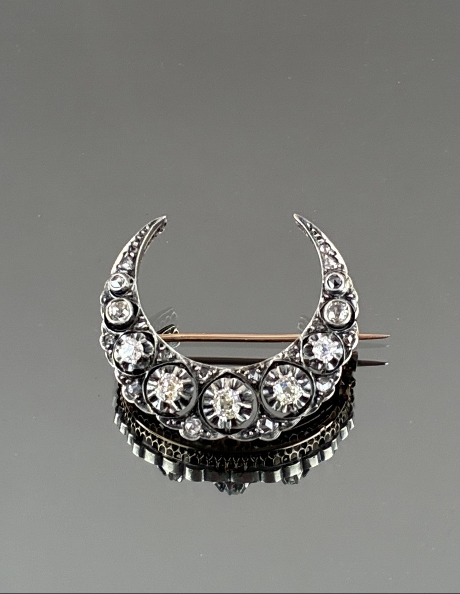 Gold, Silver And Diamond Crescent Moon Brooch From The Napoleon III Period -photo-3