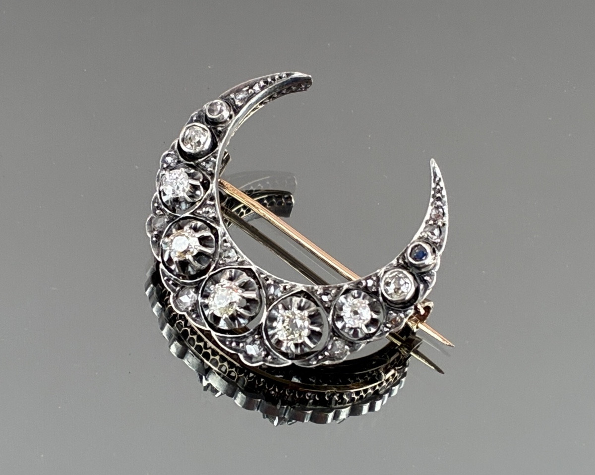 Gold, Silver And Diamond Crescent Moon Brooch From The Napoleon III Period 