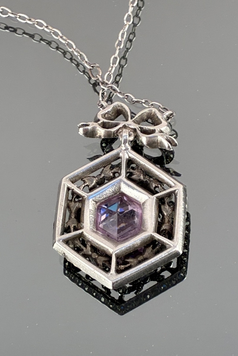 Necklace With Pendant And Chain In Silver, Marcasite, And A Purple Stone, Circa 1900-photo-4
