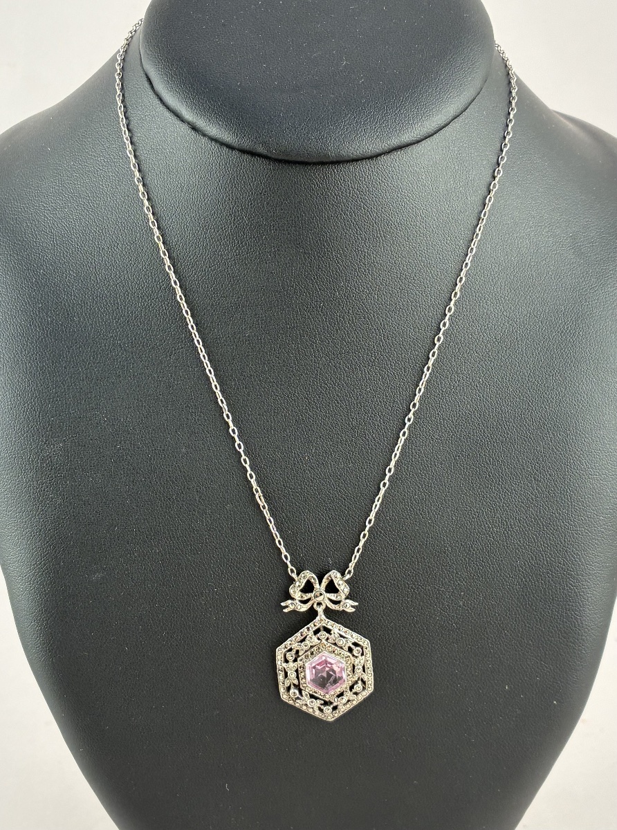 Necklace With Pendant And Chain In Silver, Marcasite, And A Purple Stone, Circa 1900-photo-2