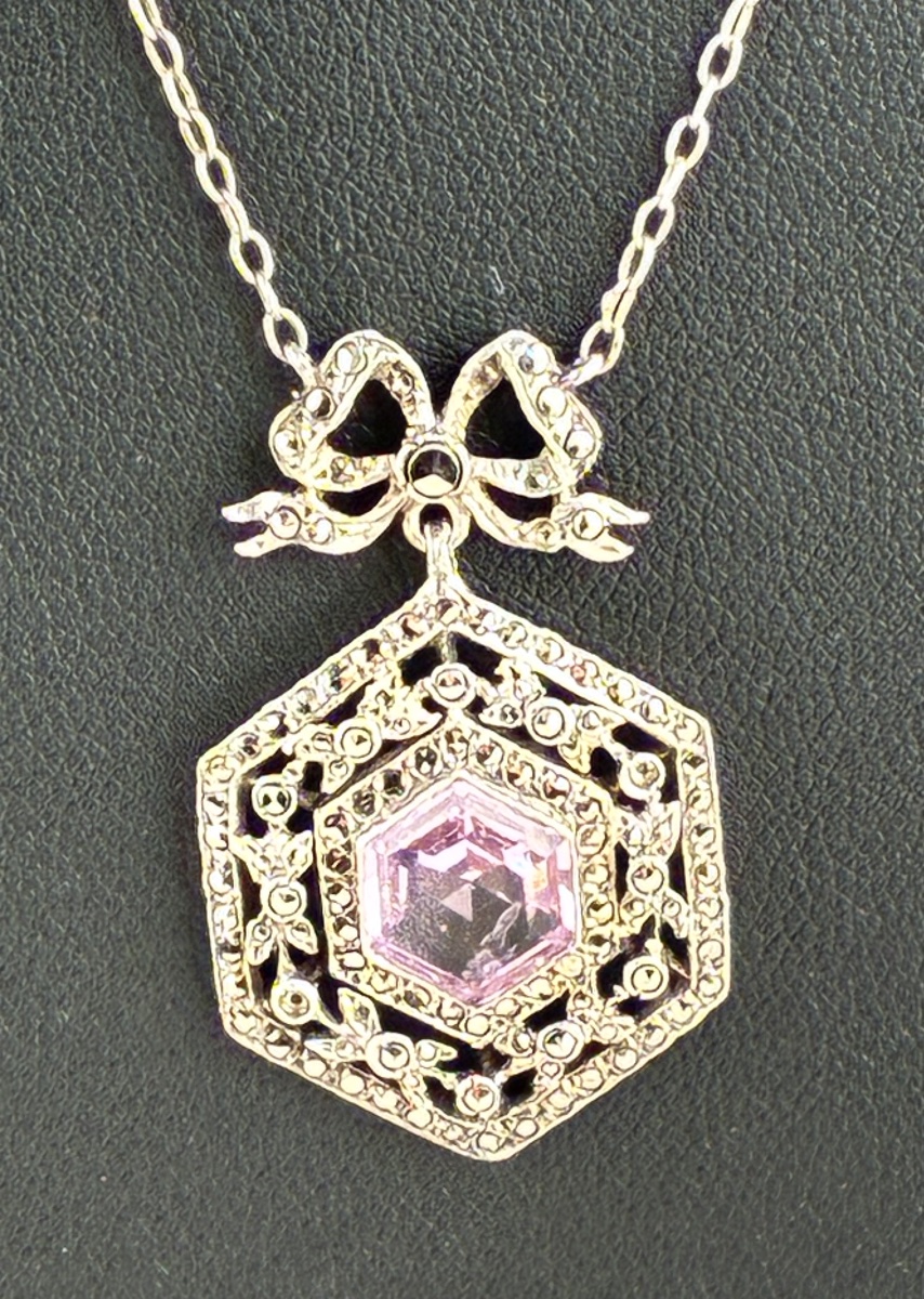 Necklace With Pendant And Chain In Silver, Marcasite, And A Purple Stone, Circa 1900-photo-3