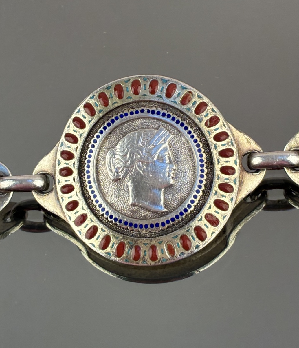 Bracelet en argent et émail  composé de cinq médaillons avec tête de Cérès.  M.O : GUEYTON-photo-3