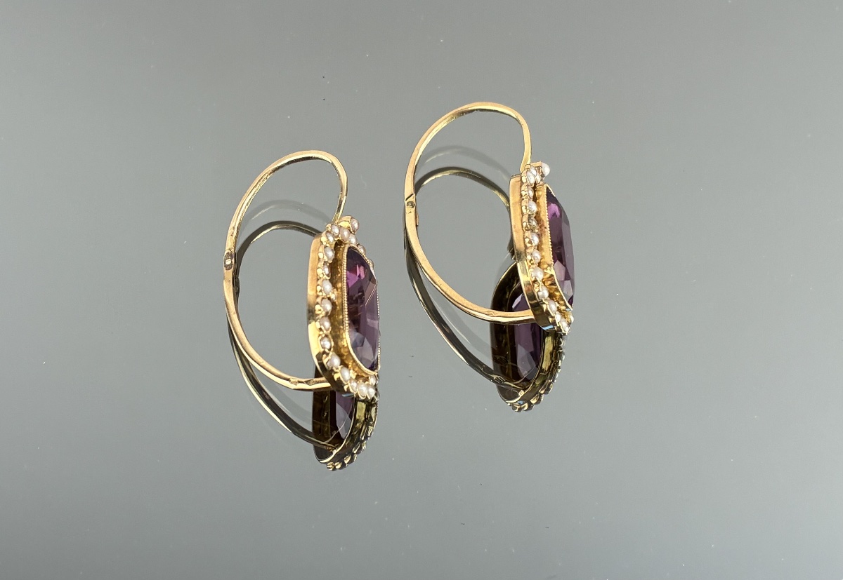 Paire de boucles d'oreilles en or , pierres mauves et perles  du XIXème siècle-photo-2