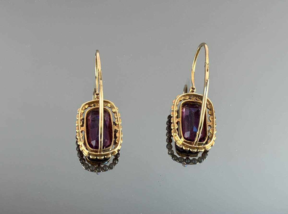 Paire de boucles d'oreilles en or , pierres mauves et perles  du XIXème siècle-photo-3