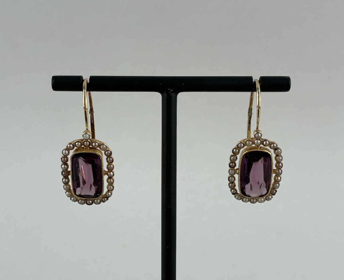 Paire de boucles d'oreilles en or , pierres mauves et perles  du XIXème siècle-photo-4