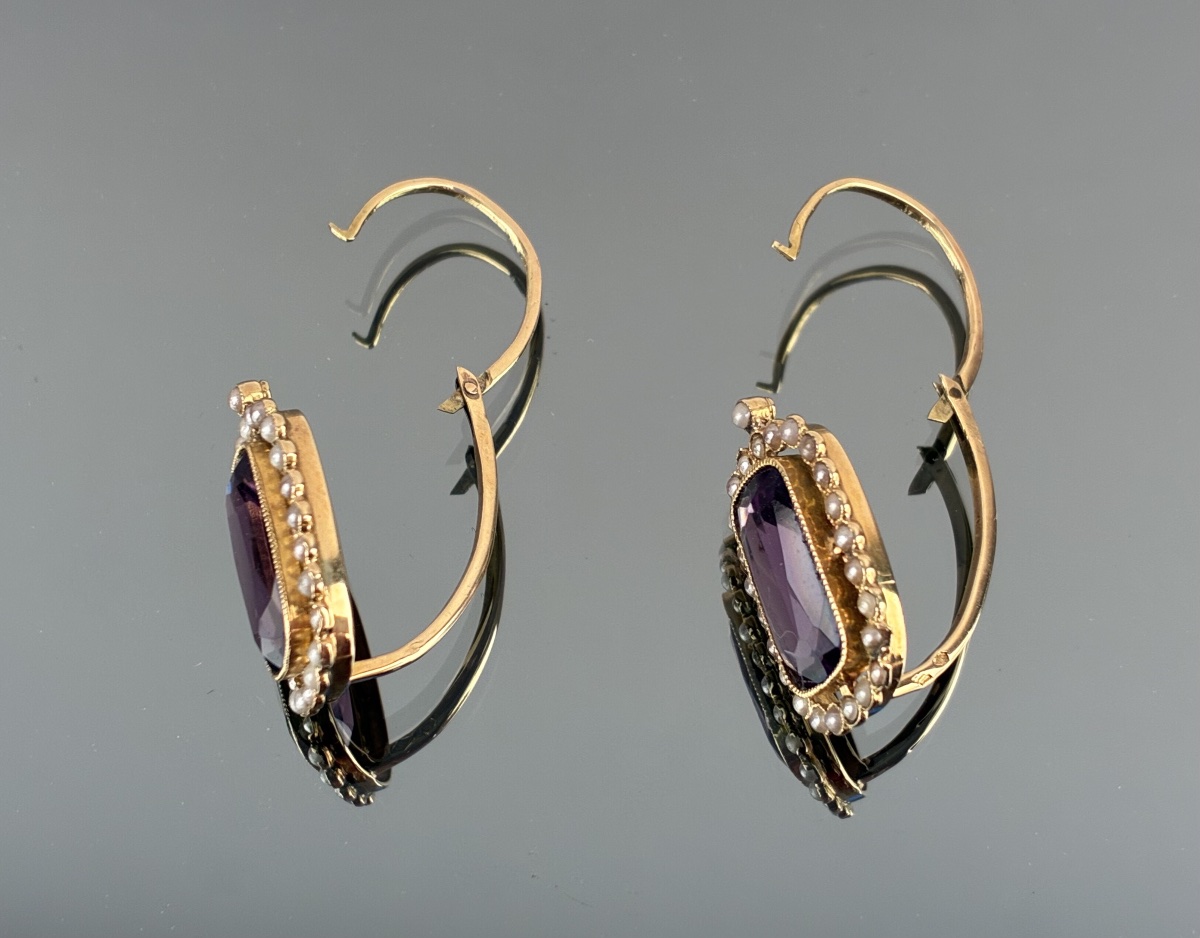 Paire de boucles d'oreilles en or , pierres mauves et perles  du XIXème siècle-photo-2