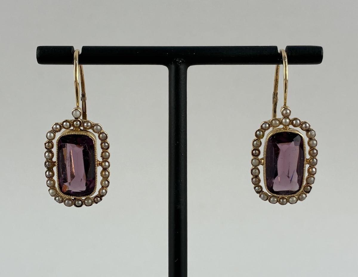 Paire de boucles d'oreilles en or , pierres mauves et perles  du XIXème siècle-photo-5