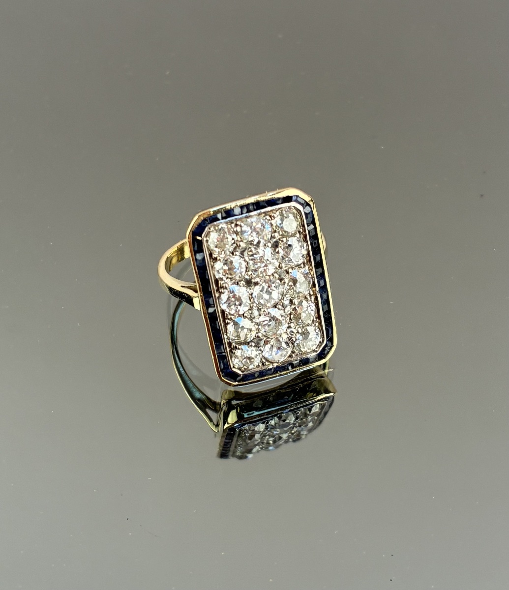 Bague rectangulaire  en or, diamants et saphirs  d'époque Art Déco-photo-2