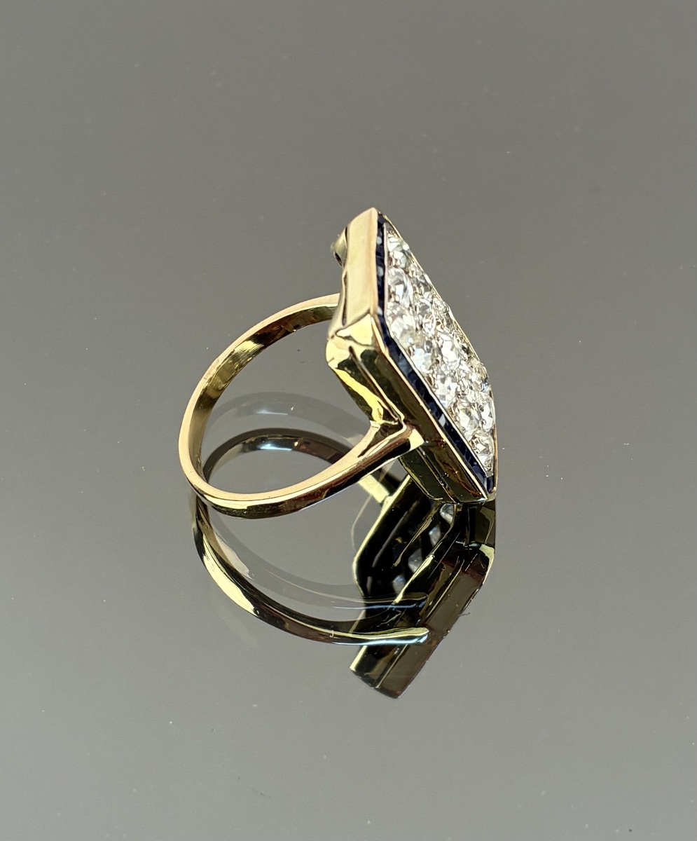 Bague rectangulaire  en or, diamants et saphirs  d'époque Art Déco-photo-3