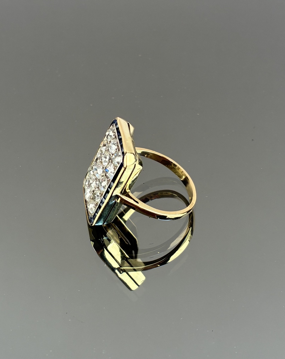 Bague rectangulaire  en or, diamants et saphirs  d'époque Art Déco-photo-1
