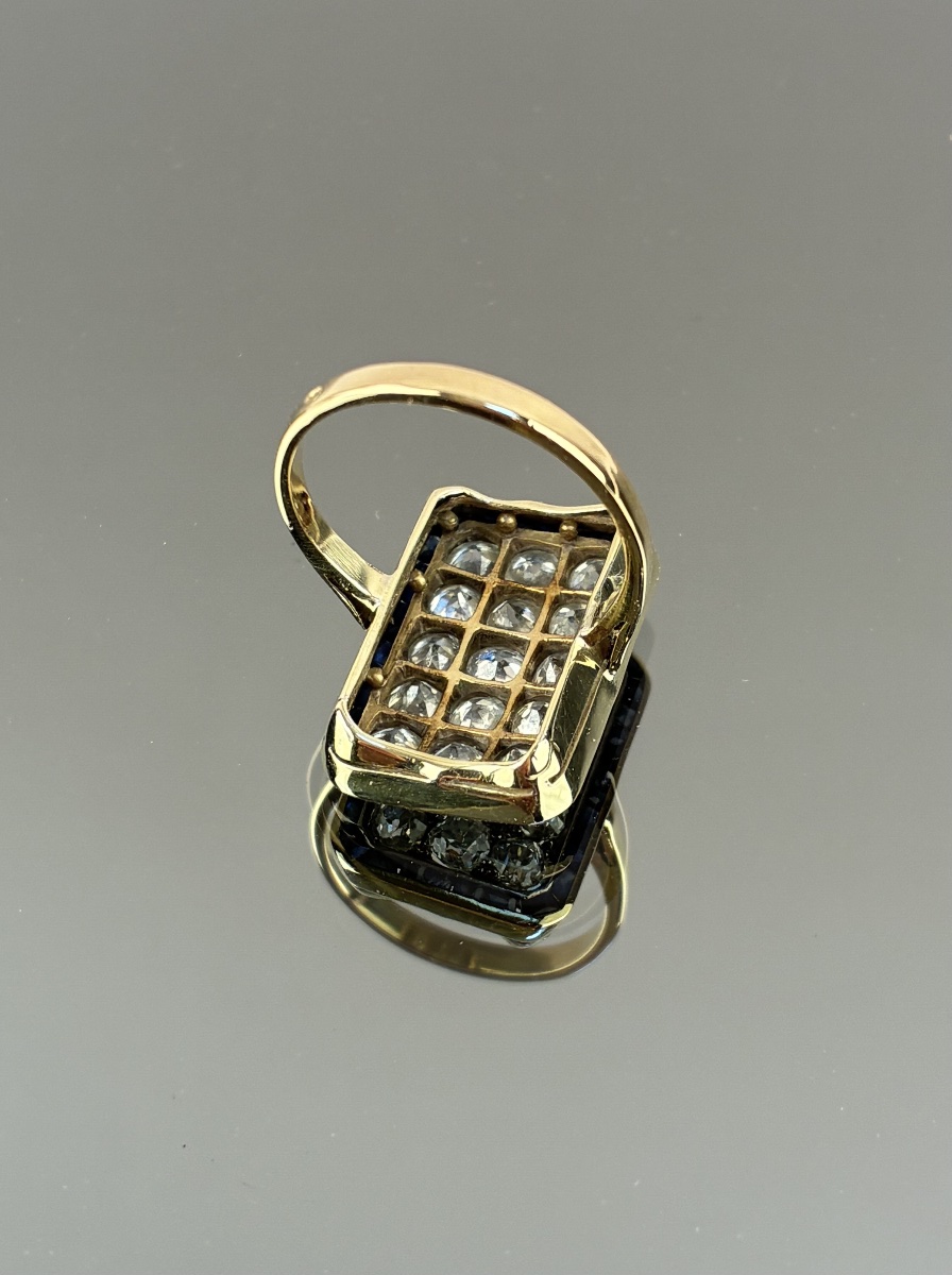 Bague rectangulaire  en or, diamants et saphirs  d'époque Art Déco-photo-3