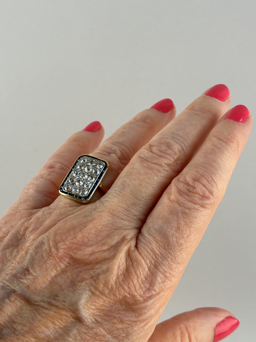 Bague rectangulaire  en or, diamants et saphirs  d'époque Art Déco-photo-4