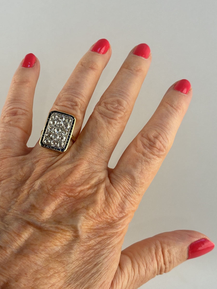 Bague rectangulaire  en or, diamants et saphirs  d'époque Art Déco-photo-5