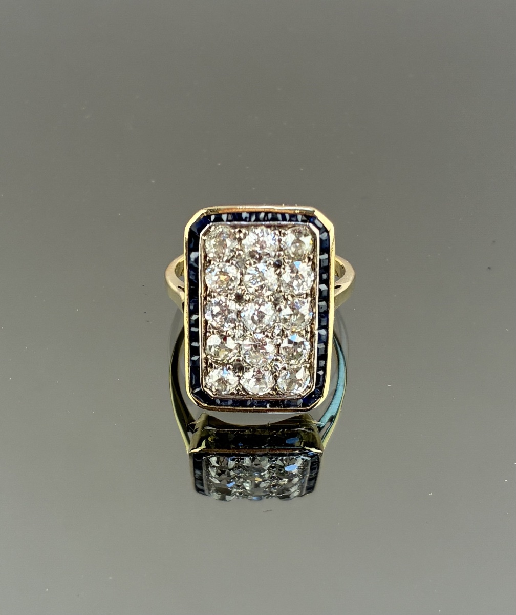 Bague rectangulaire  en or, diamants et saphirs  d'époque Art Déco