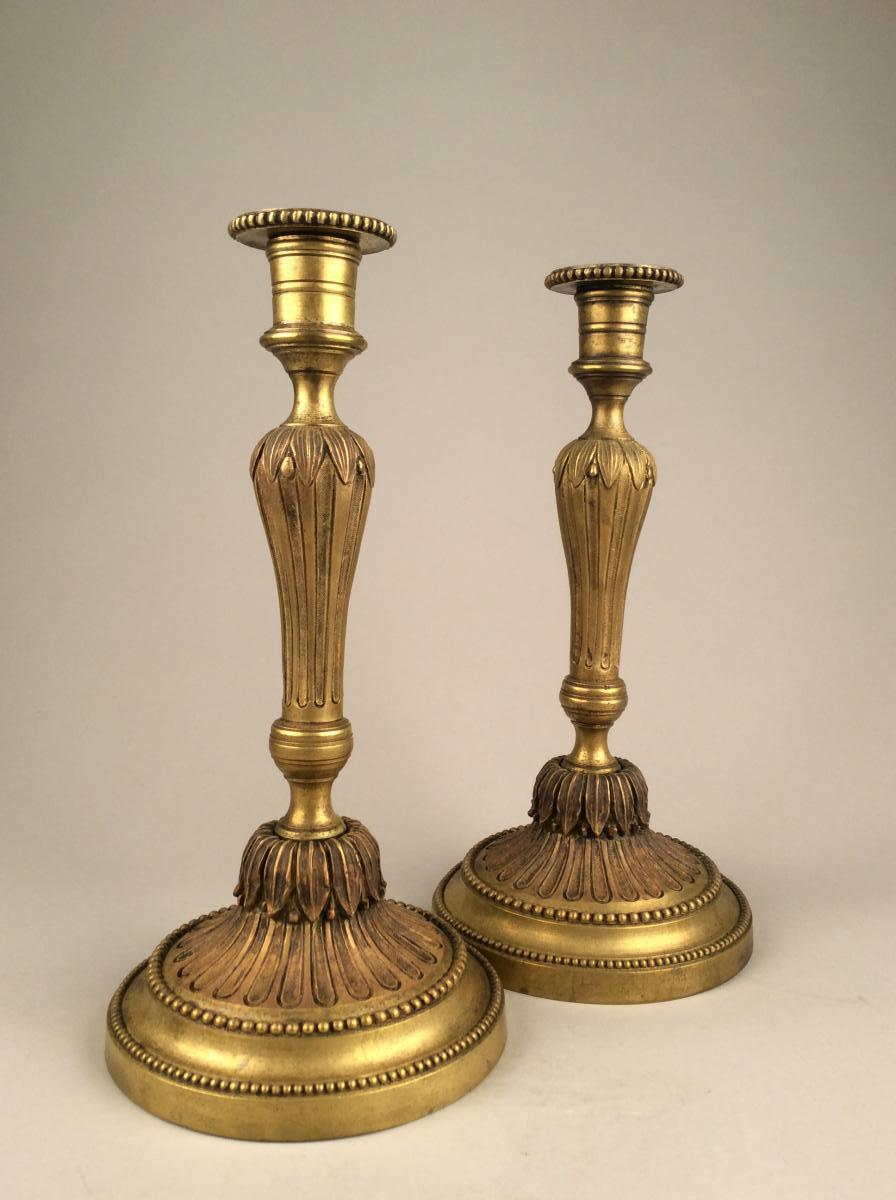 Pair Of Candlesticks In Bronze Dore Louis XVI Period