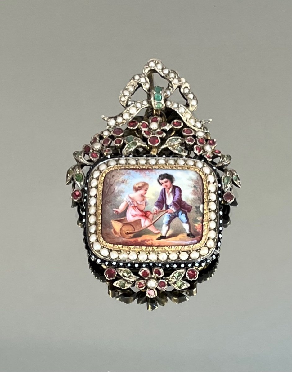 Pendant In Vermeil, Porcelain, Fine Pearls And Precious Stones, Mid-19th Century-photo-3