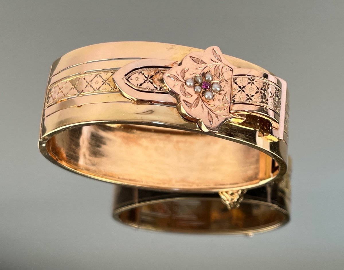 Bracelet Jonc Ceinture En Or rose  Et Perles Fines d'époque Napoléon III-photo-2