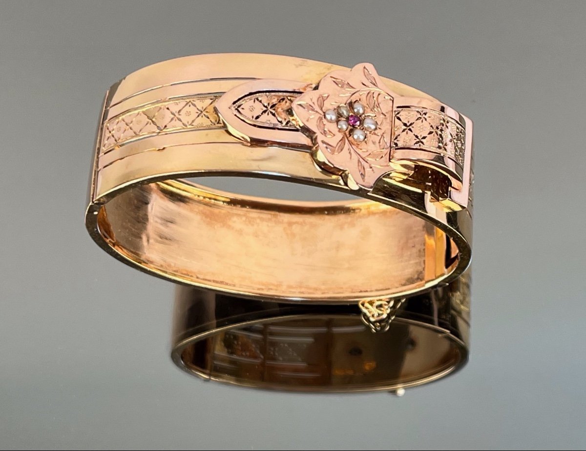 Bracelet Jonc Ceinture En Or rose  Et Perles Fines d'époque Napoléon III-photo-6