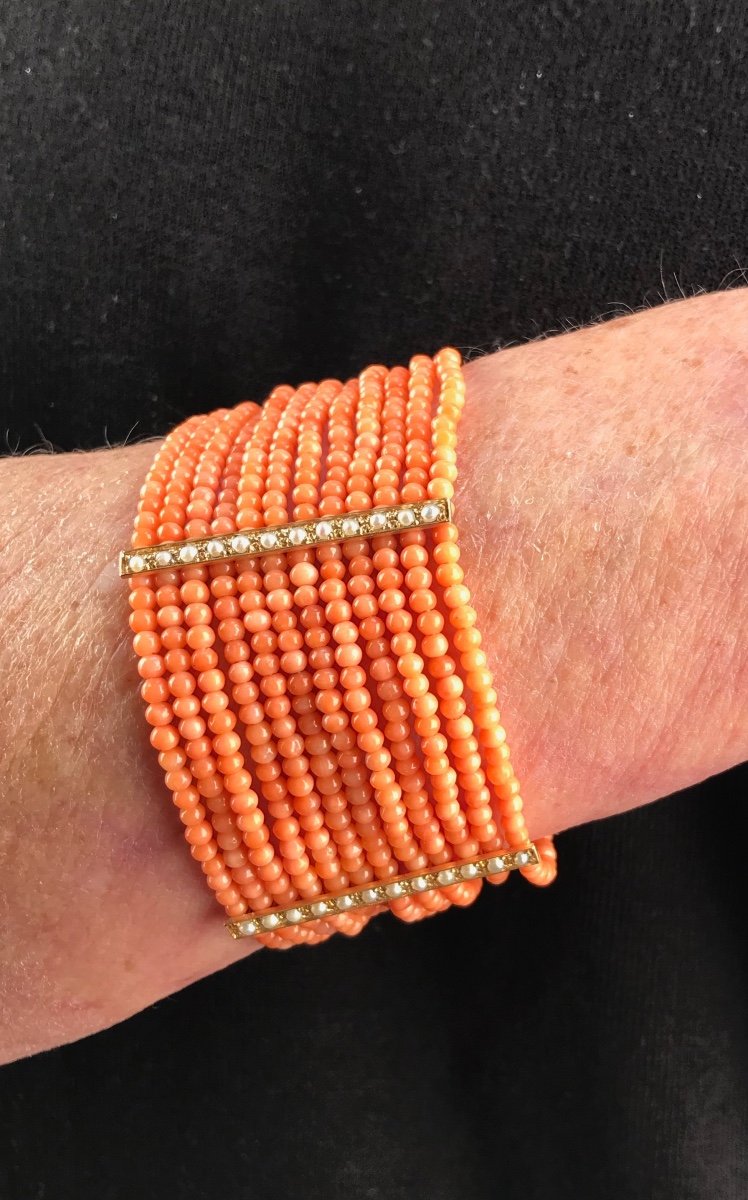 Bracelet In Coral Beads, Pearls And Gold From The Beginning Of The 20th Century-photo-1