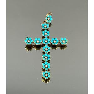 Croix En Or, Turquoises Et Perles XIXème Siècle