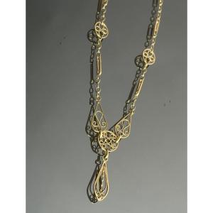 Small Young Girl's Necklace In 750 Thousandths Yellow Gold With Pendant Late 19th Century