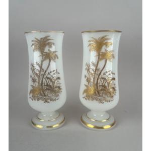 Pair Of Vases In White Opaline And Gold, Napoleon III Period