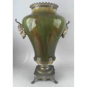 Grande Potiche En Céramique Verte Et Monture En Régule d'époque Napoléon III