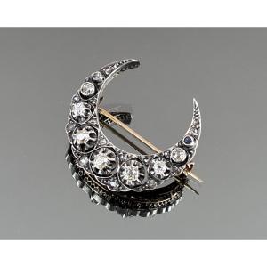 Broche en croissant de lune en or, argent et diamants d'époque Napoléon III