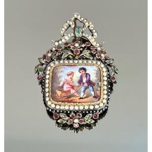 Pendentif En Vermeil, Porcelaine, Perles Fines Et Pierres Précieuses , Milieu  Du XIXème Siècle