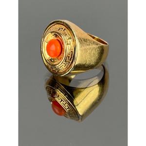 Signet Ring In Gold And Coral Pearl With Napoleon III Motif