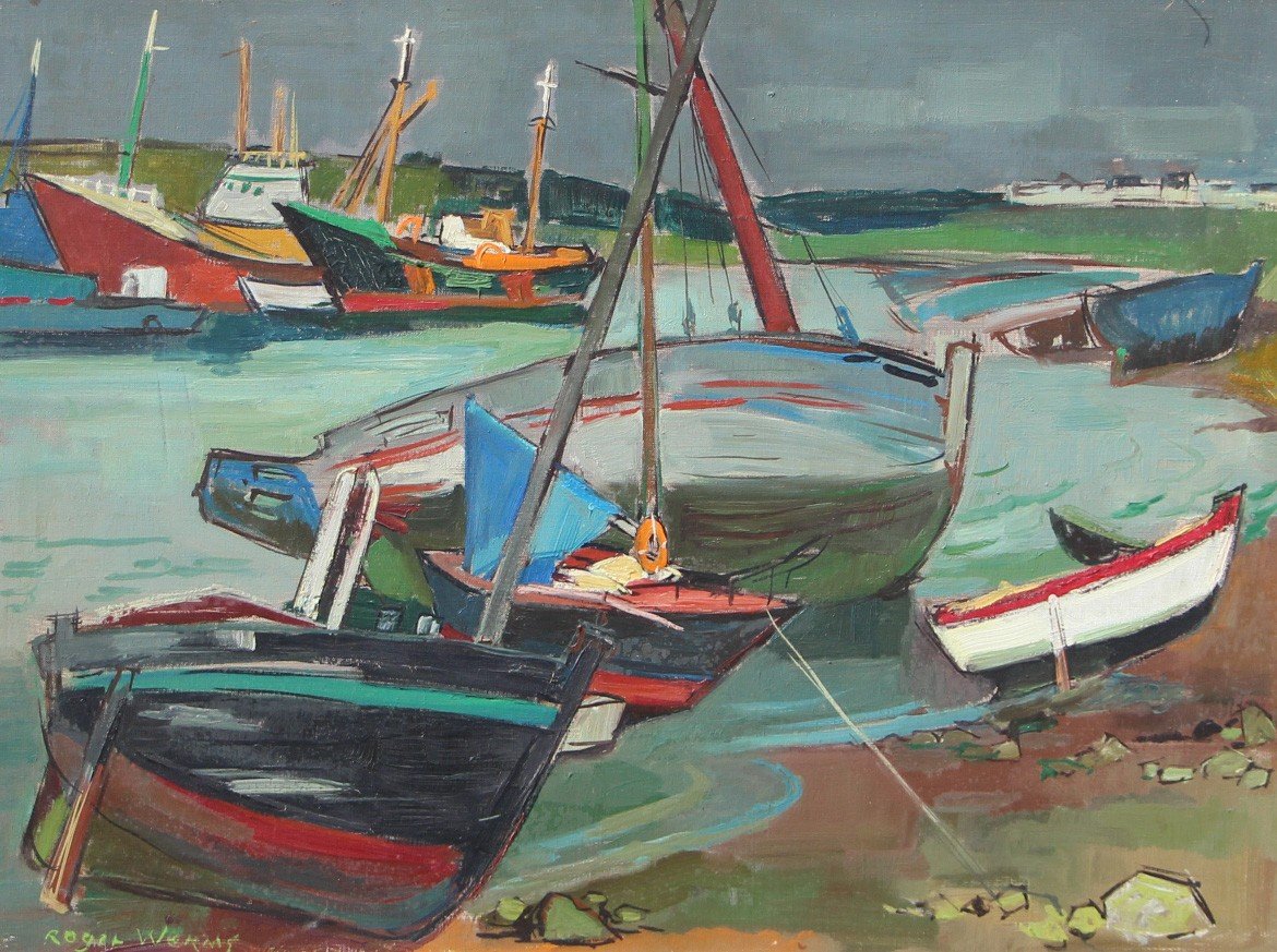 Roger Worms (1907-1980) Boat At Quay, Port Of Etel 