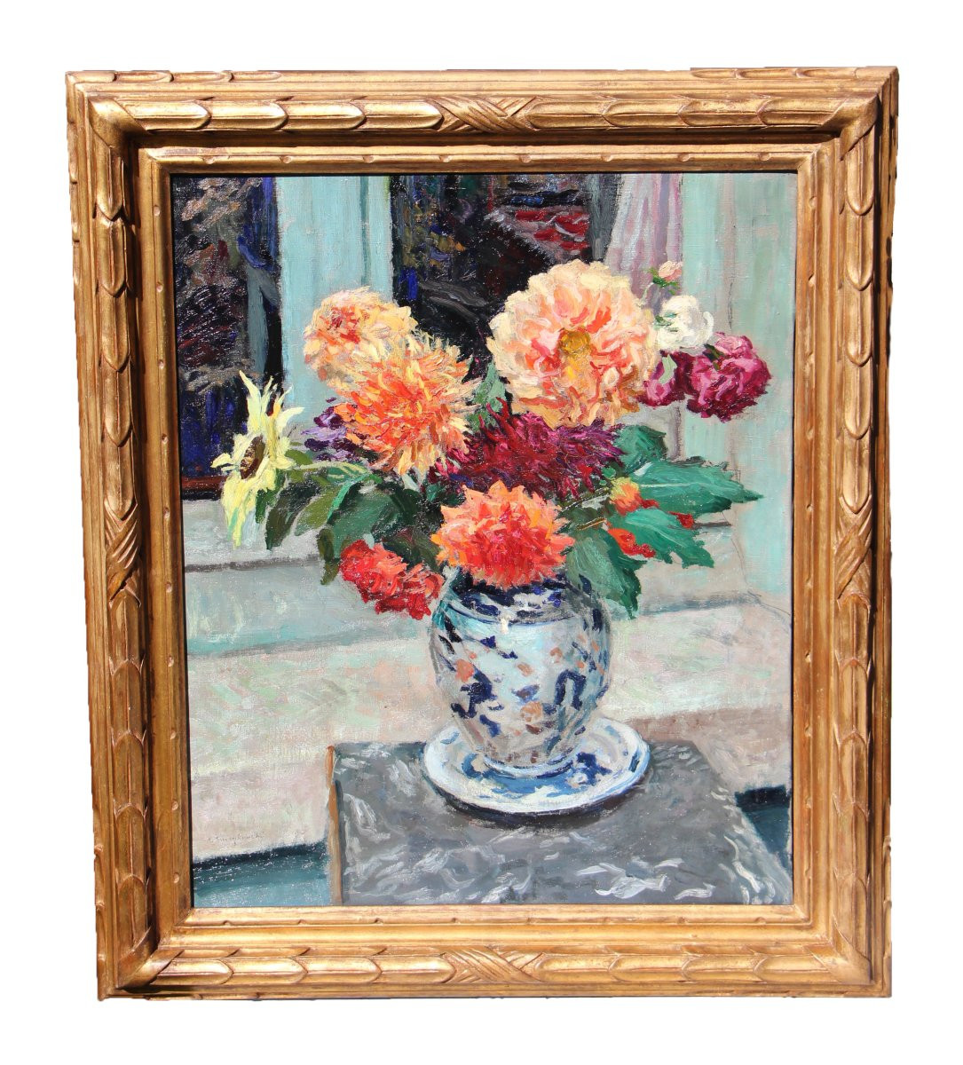 Alfred Swieykowski (1869-1953) Bouquet Of Dahlias In An Imari Vase, Circa 1925-1934-photo-3