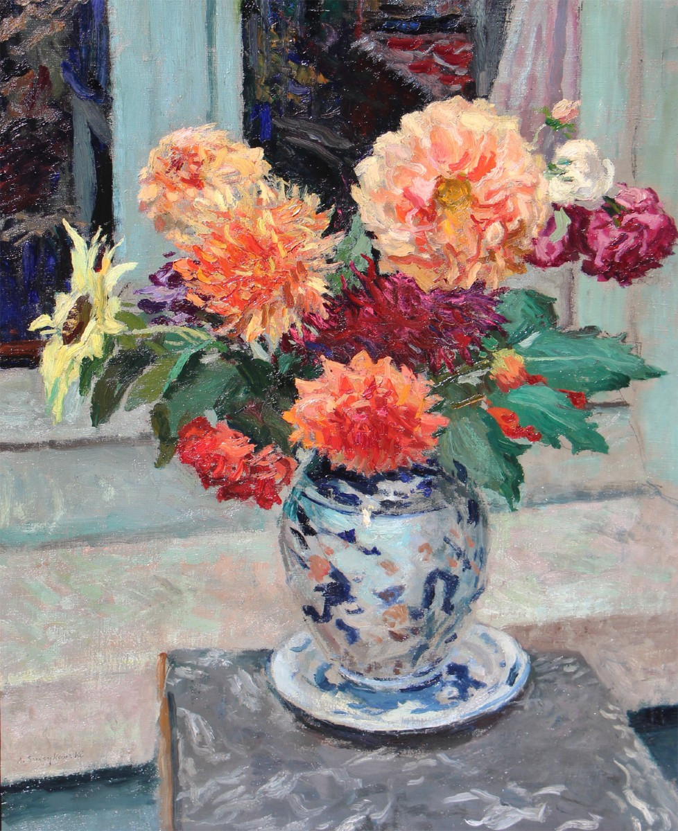 Alfred Swieykowski (1869-1953) Bouquet Of Dahlias In An Imari Vase, Circa 1925-1934