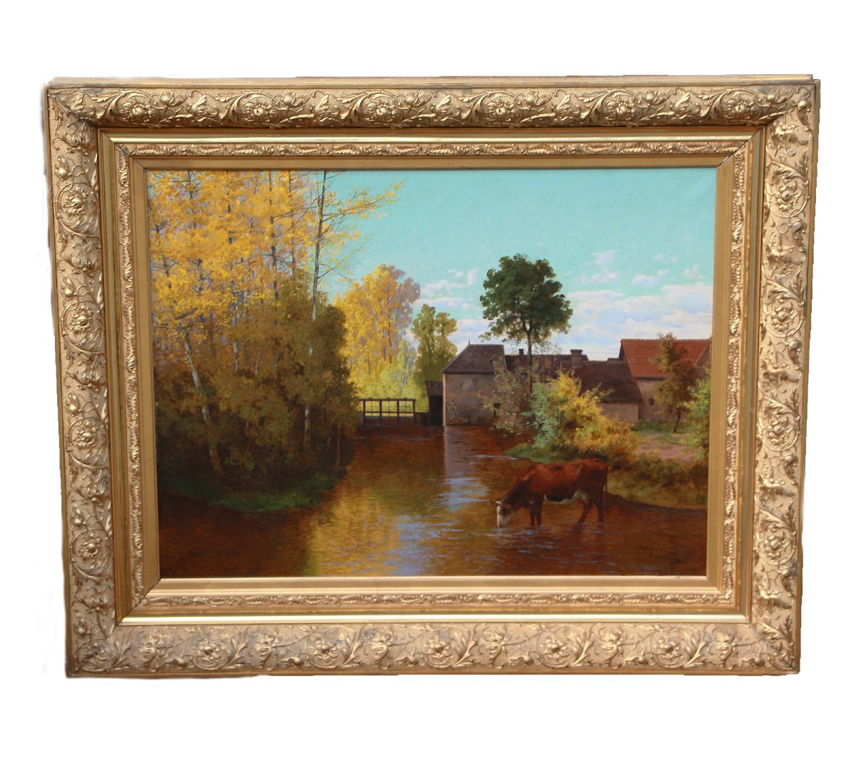 Léon Louis Oury (1846-1929) Une vache s’abreuvant, près d’un moulin-photo-2