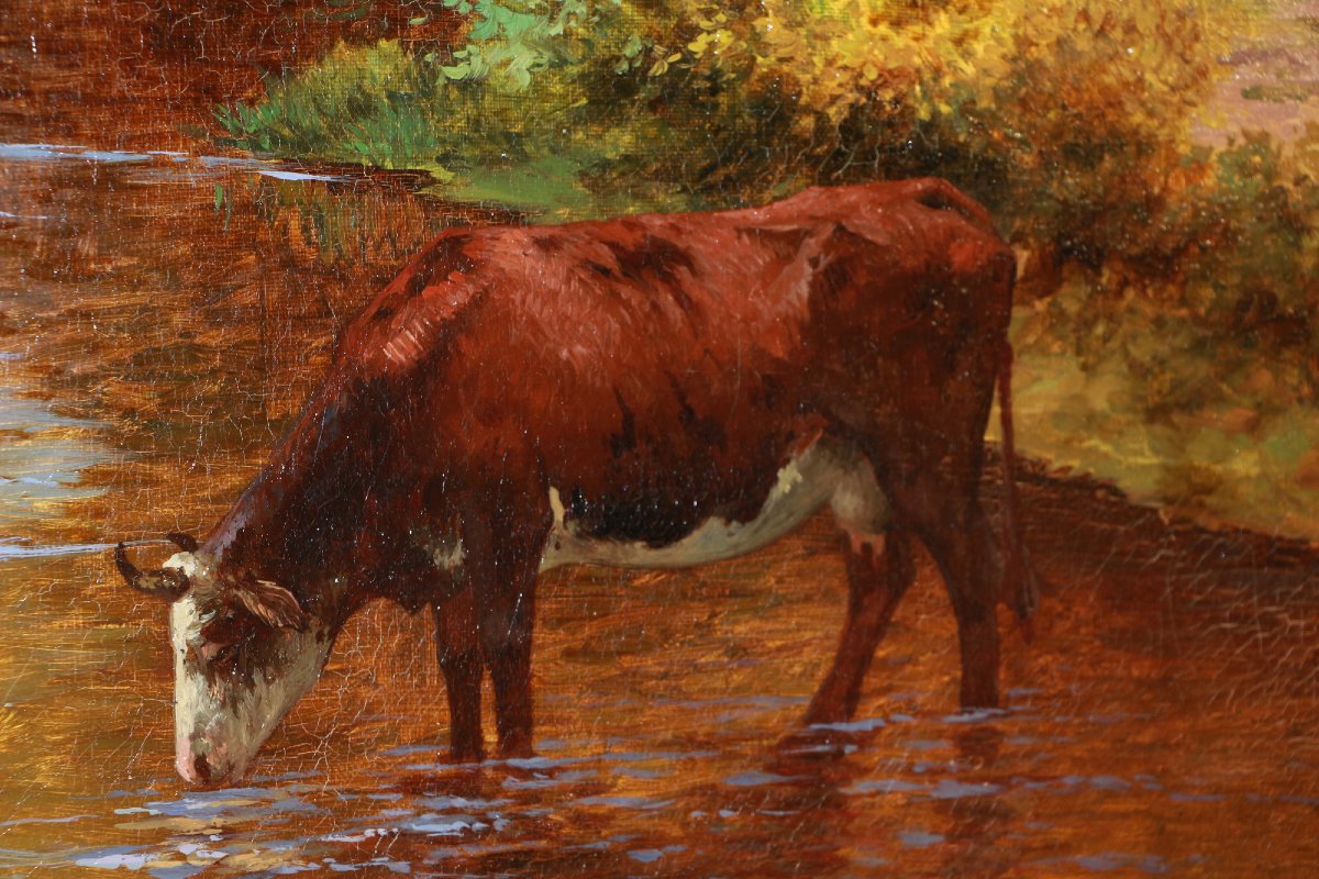 Léon Louis Oury (1846-1929) Une vache s’abreuvant, près d’un moulin-photo-1