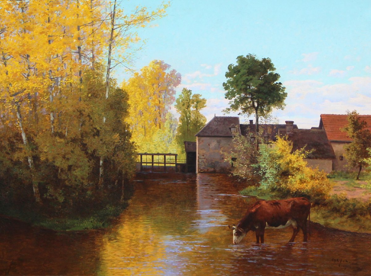 Léon Louis Oury (1846-1929) Une vache s’abreuvant, près d’un moulin