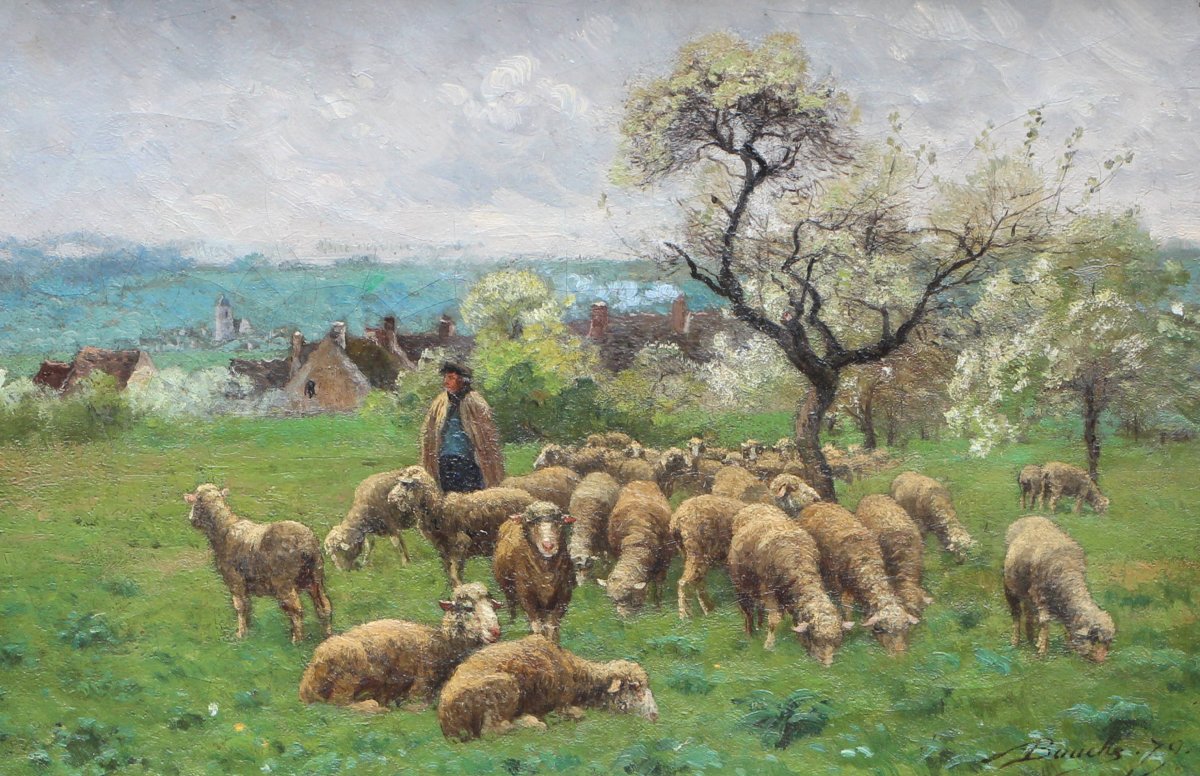 Louis Alexandre Bouché, (1838-1911) Berger et ses moutons, vers Chamigny et Courtaron 
