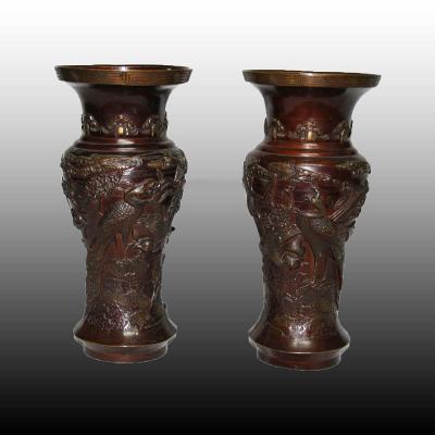 Pair Of Bronze Vases Japan XIXth