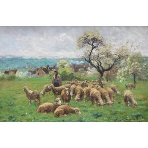 Louis Alexandre Bouché, (1838-1911) Berger et ses moutons, vers Chamigny et Courtaron