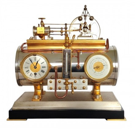 French Industrial Automaton Clock, Horizontal Steam Engine