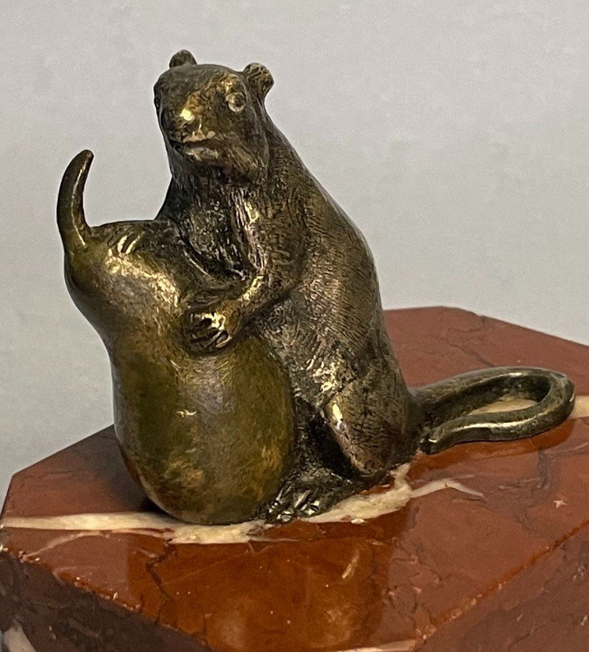 Mouse With A Pear. 19th Century Bronze Sculpture-photo-2
