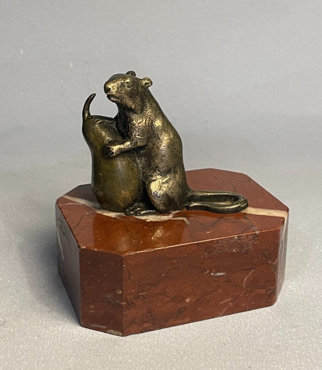 Mouse With A Pear. 19th Century Bronze Sculpture