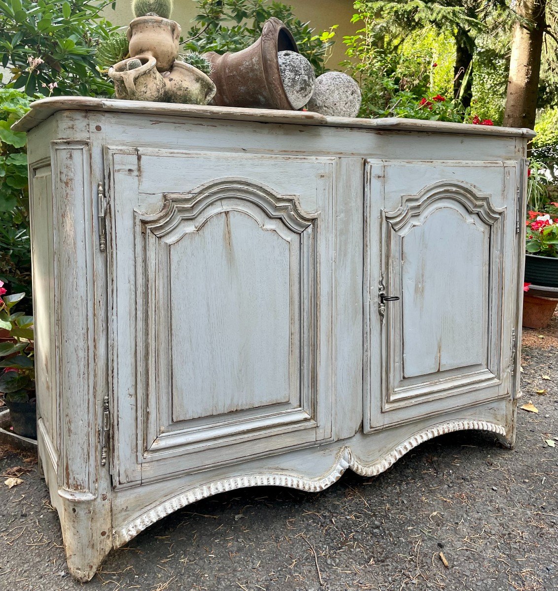 Louis XIV Painted Wooden Sideboard. 18th Century Gray Patina.-photo-2