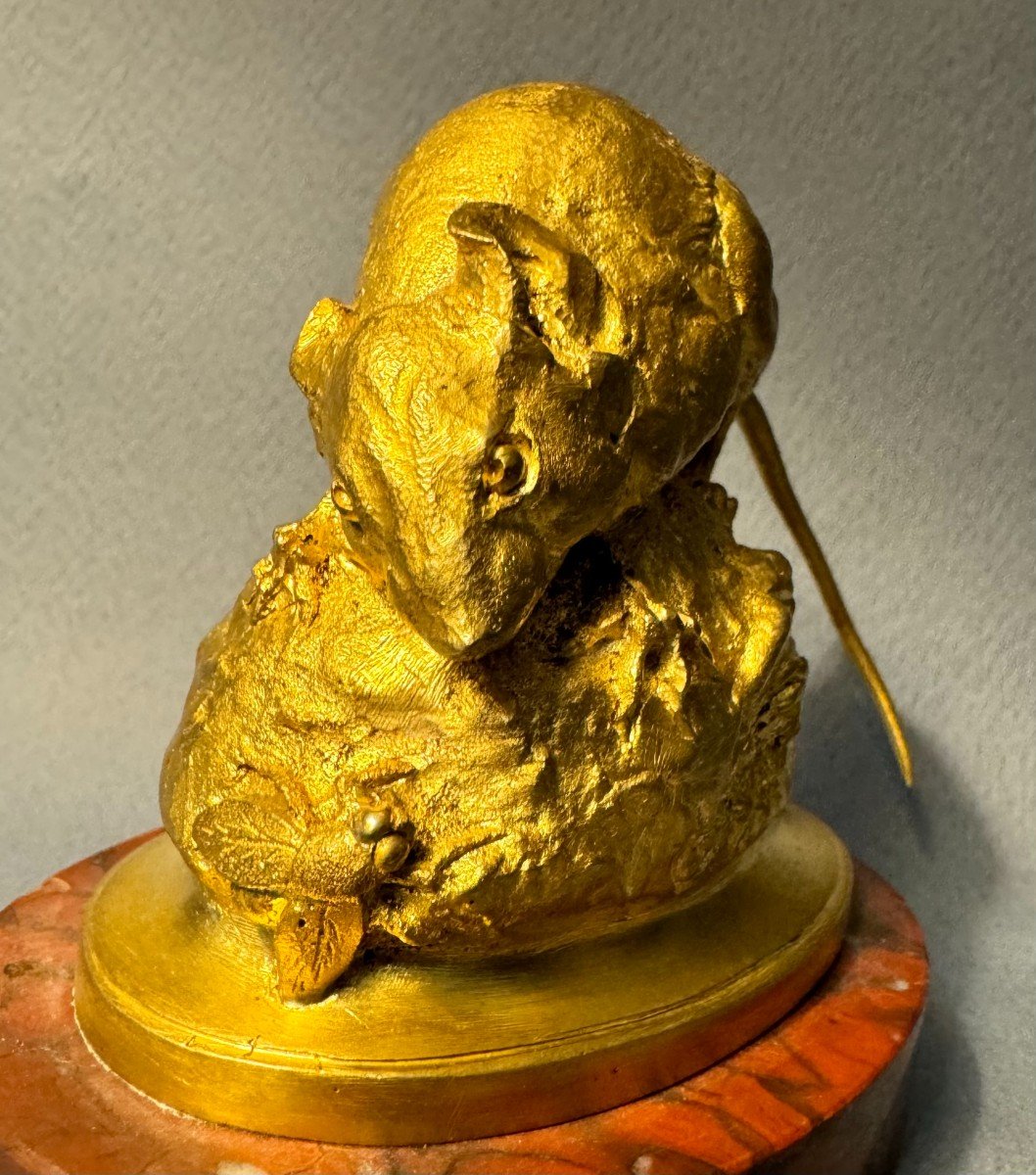 Gilded Bronze Sculpture "mouse With A Fly" T. Hingre-photo-2