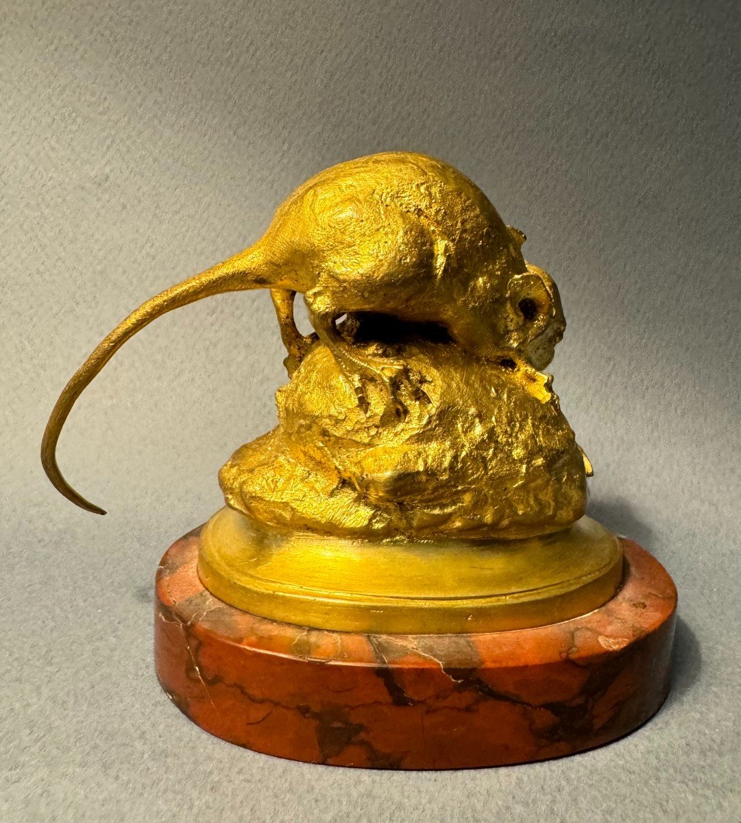 Gilded Bronze Sculpture "mouse With A Fly" T. Hingre-photo-3