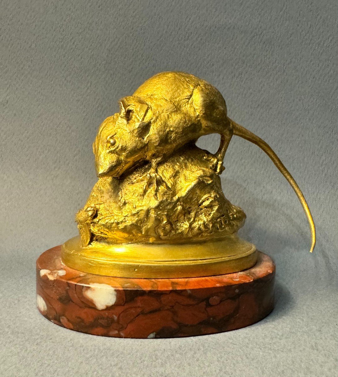 Gilded Bronze Sculpture "mouse With A Fly" T. Hingre