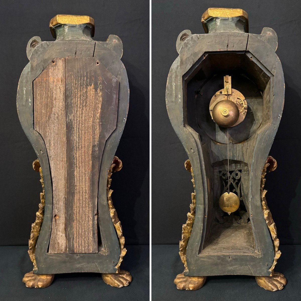 Cartel Clock In Carved And Gilded Wood, Italy 18th Century H 60cm-photo-4