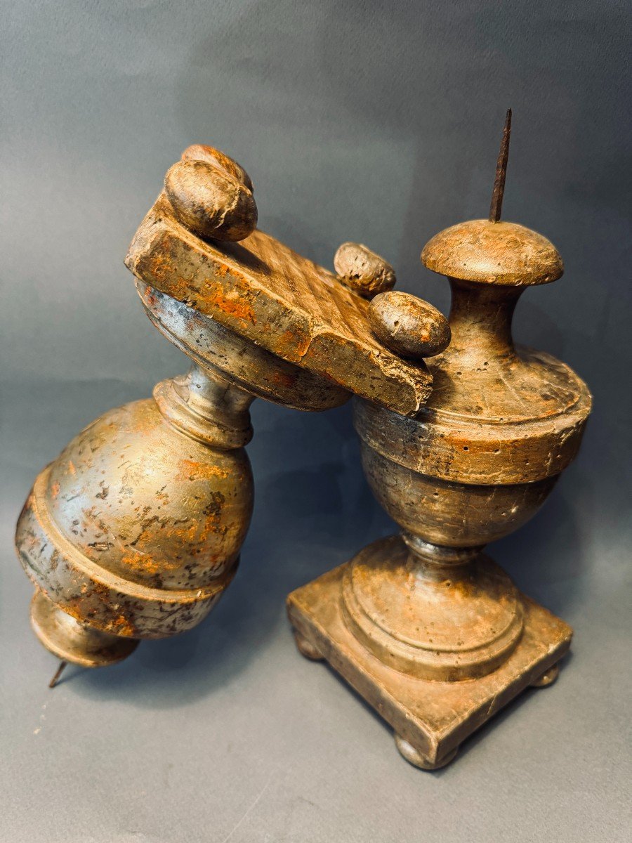 Pair Of Carved Wood And Silvered Candlesticks 18th Century-photo-1