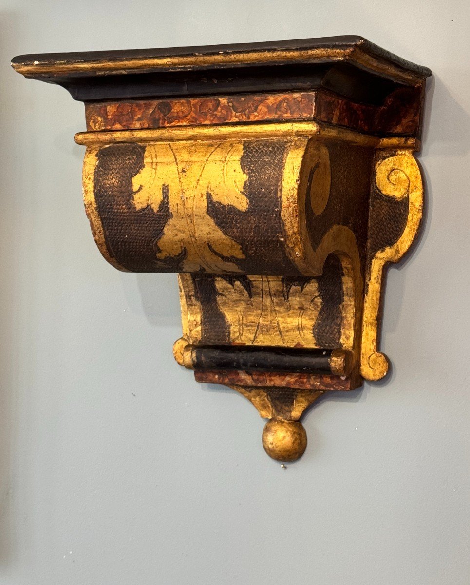 Wall Light Console In Carved Wood, Trompe l'Oeil Painted And Gilded. Italy -photo-2