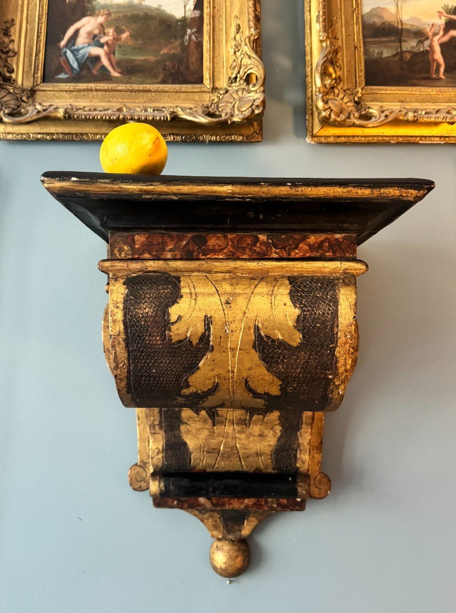 Wall Light Console In Carved Wood, Trompe l'Oeil Painted And Gilded. Italy -photo-2